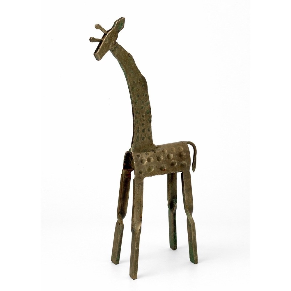 Vintage African Folk Art Hammered Metal Giraffe Sculpture Brutalist Decor 12in